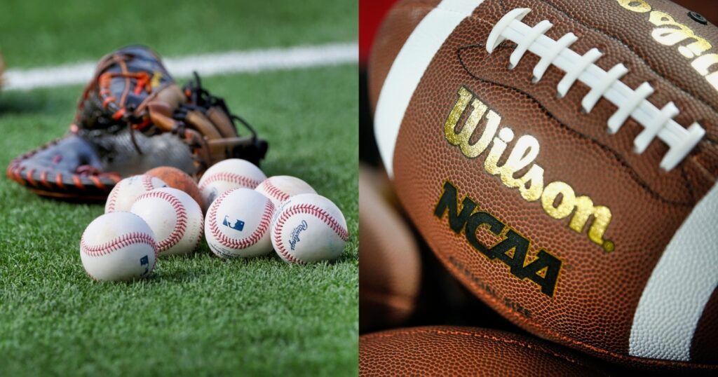 MLB baseballs shown on field (left). NCAA football (right). Bubba Thompson is trying out for a college football gig.