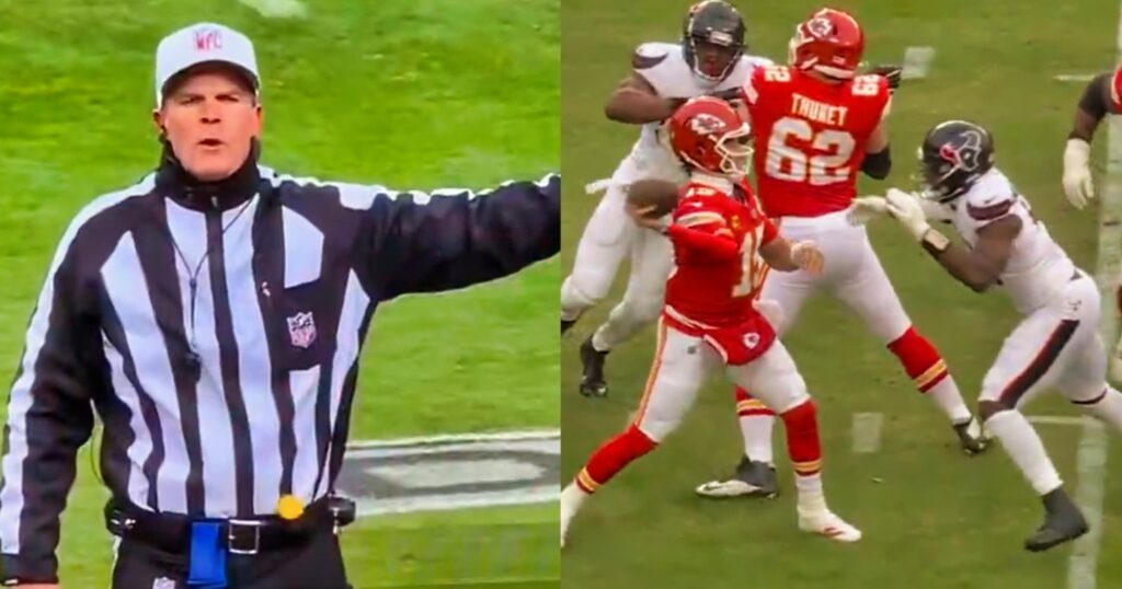 Clay Martin making a call (left). Patrick Mahomes preparing a pass (right). Fans think the NFL refs are rigging the game.