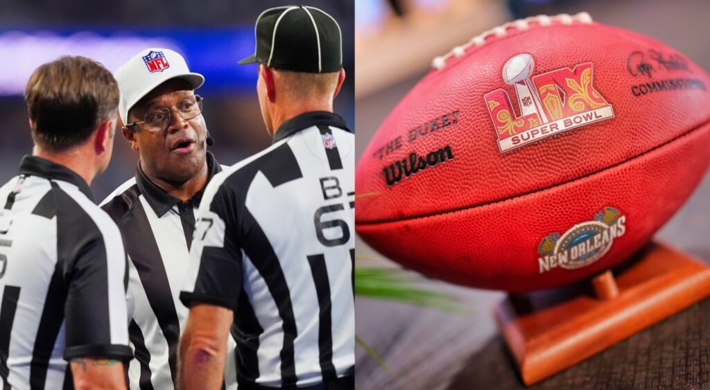 NFL refs talking (left). Super Bowl 59 football shown (right).