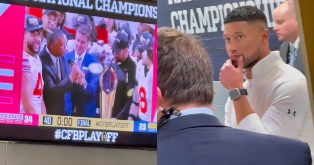 Ohio State celebration on TV (left). Notre Dame head coach Marcus Freeman looks on (right).