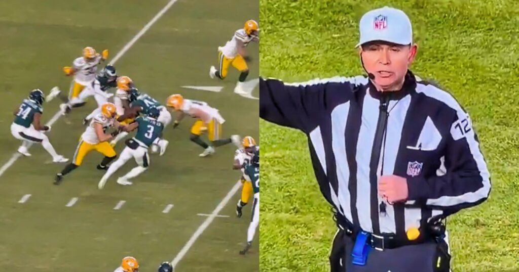 Green Bay Packers running play vs. Philadelphia Eagle. Brad Allen making a call (right). Fans are complaining about the NFL refs.