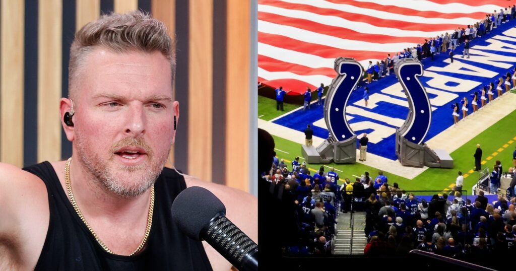 Pat McAfee looking on (left). View of Indianapolis Colts' logo and field.