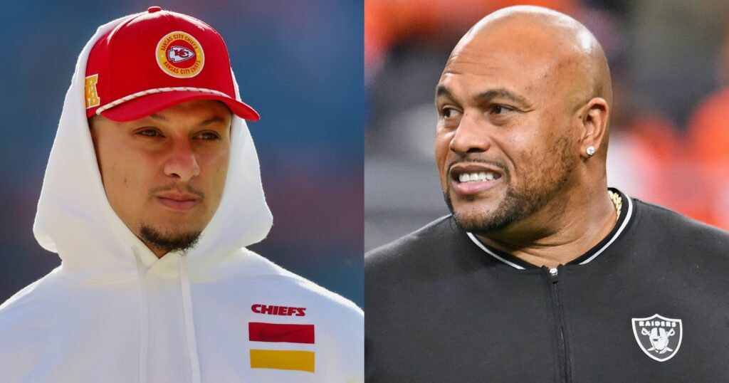 Patrick Mahomes looking on (left). Antonio Pierce reacts at game (right).