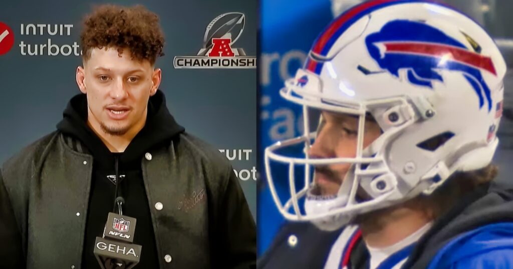 Patrick Mahomes speaking to reporters (left) Josh Allen looks on (right).