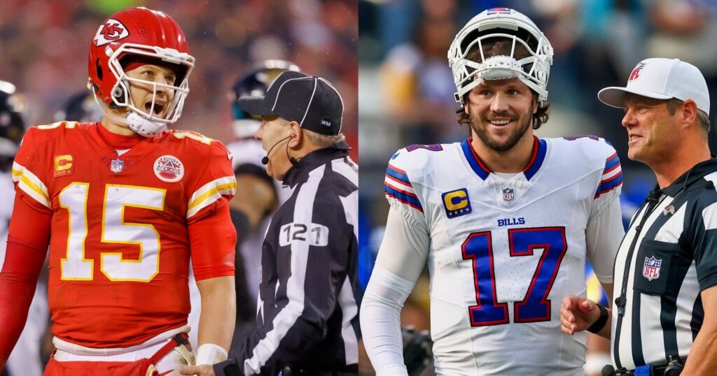 Patrick Mahomes looking on (left).  Josh Allen talking to NFL referee (right).