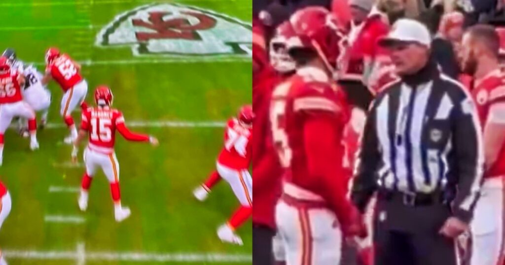 Patrick Mahomes throwing pass (left). Mahomes talking to one of the NFL refs (right).