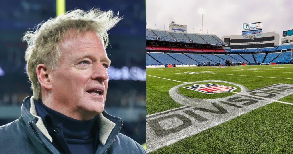 Roger Goodell looking on (left) NFL Divisional Round logo (on field (right). The league is reportedly considering changing the NFL playoff format.