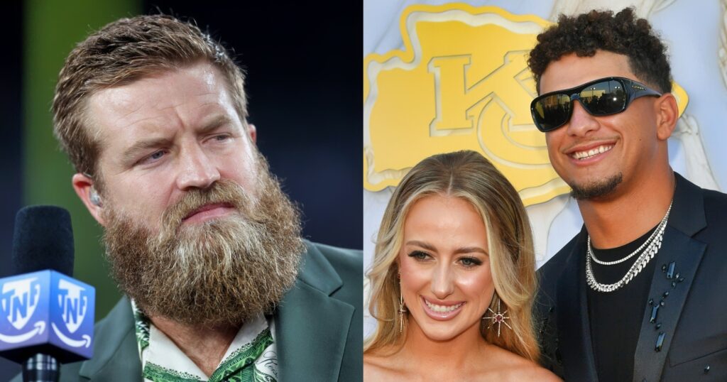 Ryan Fitzpatrick looking on (left). Brittany and Patrick Mahomes looking on (right).