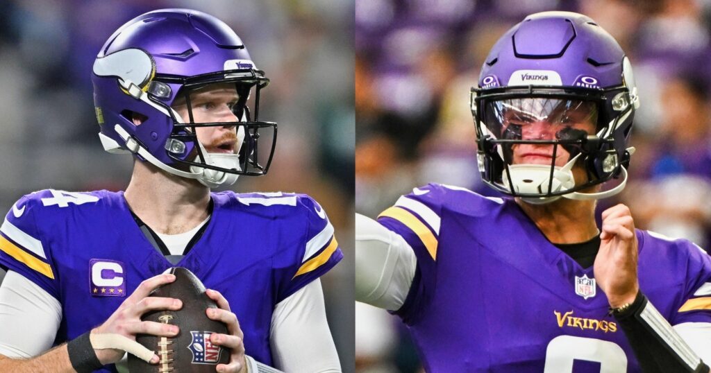 Sam Darnold looks on (left). J.J. McCarthy about to throw (right).