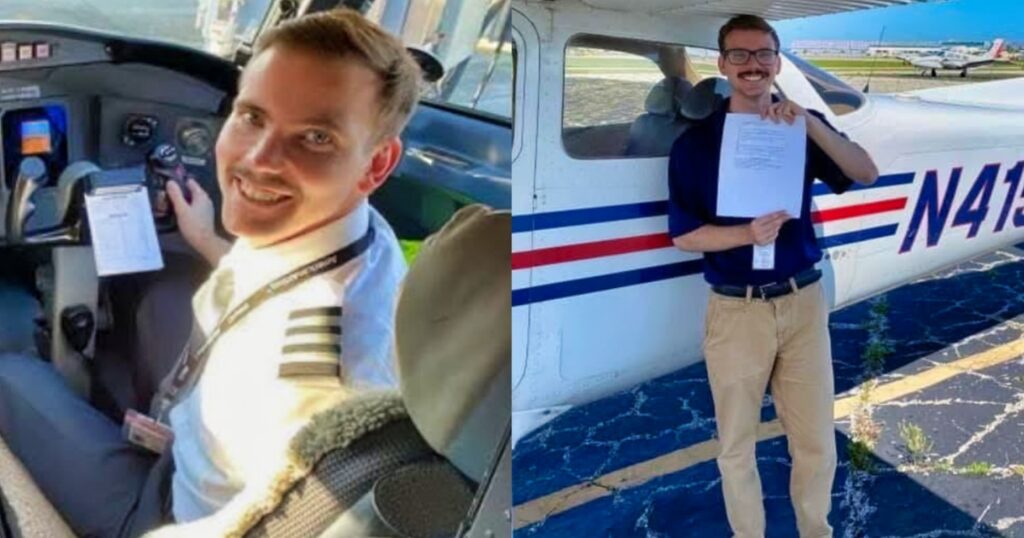 Sam Lilley smiling in airplane (left). Lilley poses outside airplane (right).