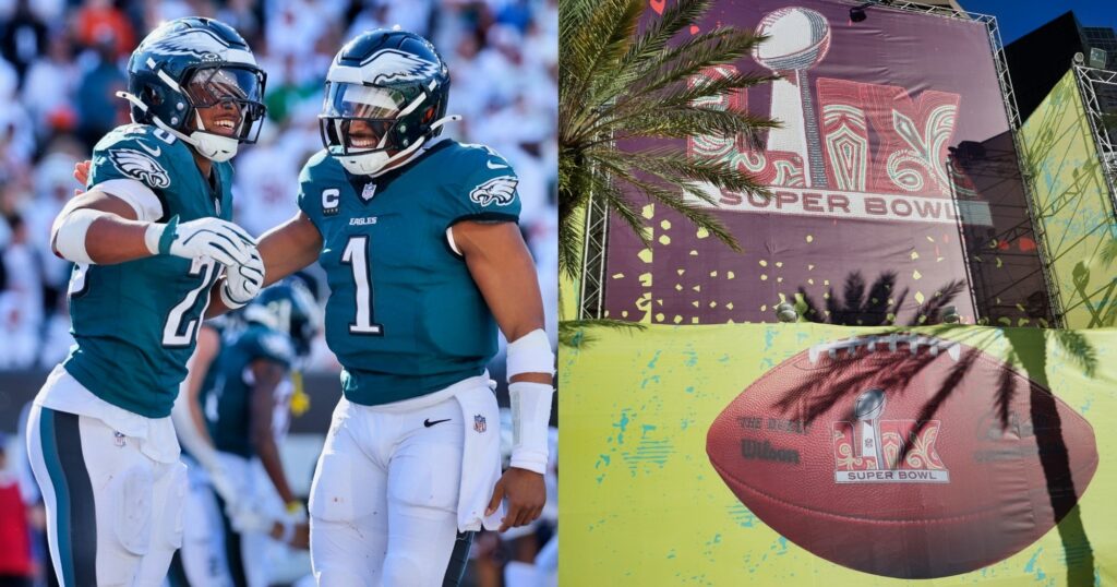 Saquon Barkley and Jalen Hurts celebrate (left). Super Bowl 59 logo shown in new Orleans (right).