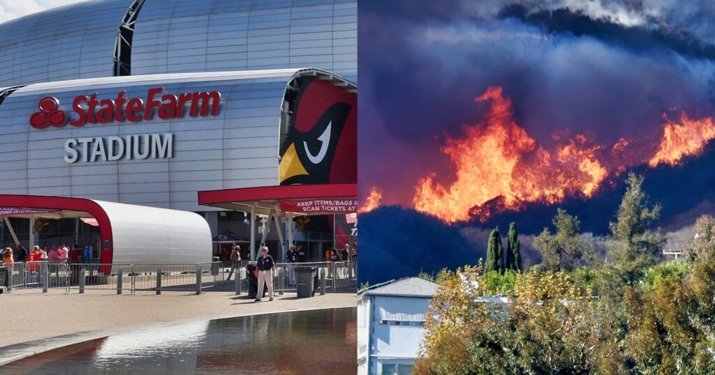 State Farm Stadium exterior (left). California wildfire shown (right).