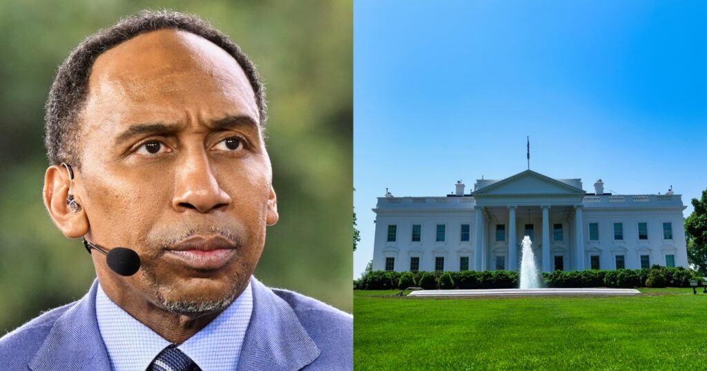 Stephen A. Smith looking on (left). A view of the White House from the outside (right).