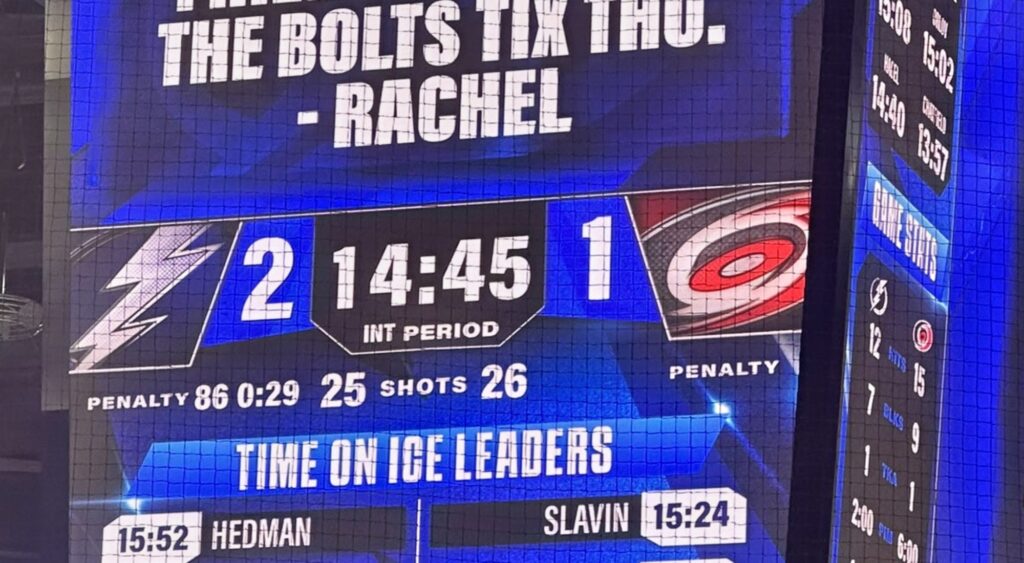 Amalie Arena scoreboard shown during Tampa Bay Lightning game.