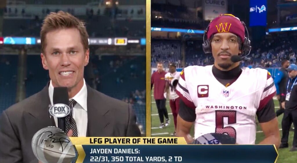 Tom Brady and Jayden Daniels talking after game.