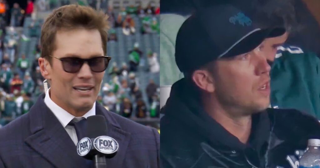 Tom Brady looking on (left). Nick Foles watching game (right).