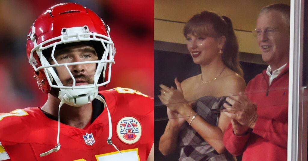 Travis Kelce looking on (left). Taylor Swift watching Kansas City Chiefs game (right).