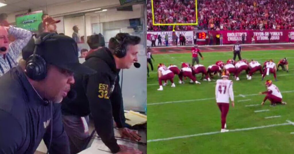 Bram Weinstein and London Fletcher in broadcast booth (left). Zane Gonzalez lining up for game-winning field goal (right).