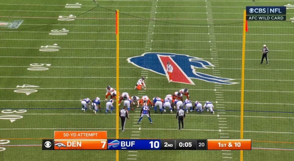 Wil Lutz lining up for field goal during game.