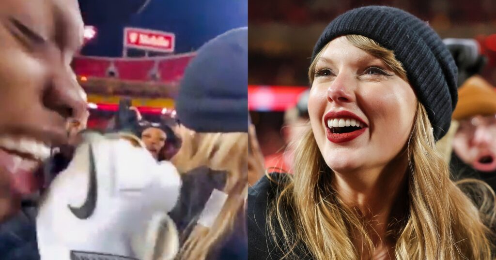 Xavier Worthy smiling (left). Taylor Swift looking on (right).