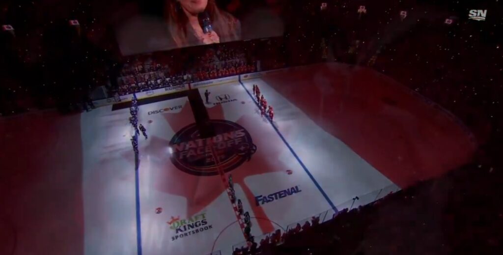 Players standing at attention for Canadian National Anthem