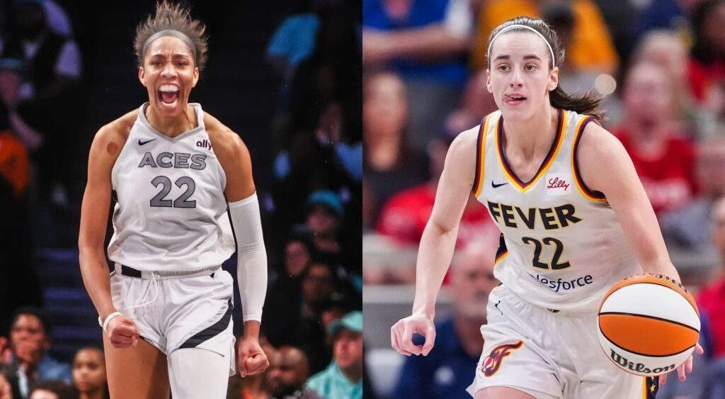 A'ja Wilson and Caitlin Clark in uniform