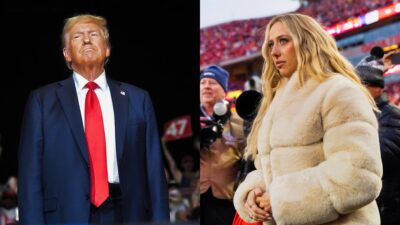 Brittany Mahomes in white coat and Donald Trump at rally