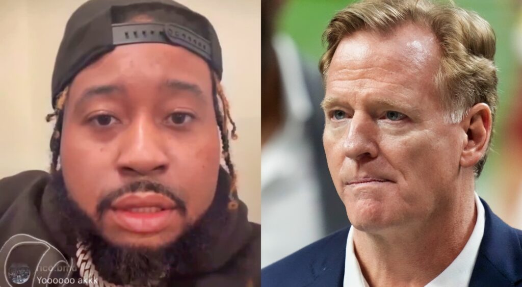 Close-up photos of DJ Akademiks and Roger Goodell