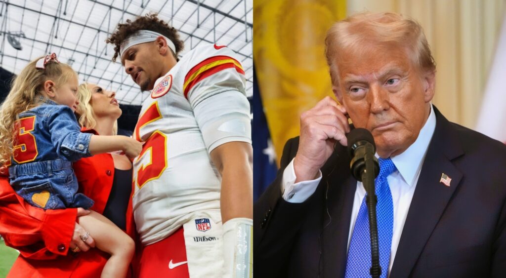 Donald Trump during conference, Patrick Mahomes and Brittany Mahomes on field