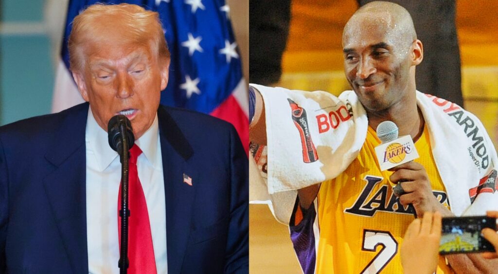 Photos of Donald Trump and Kobe Bryant speaking into mics