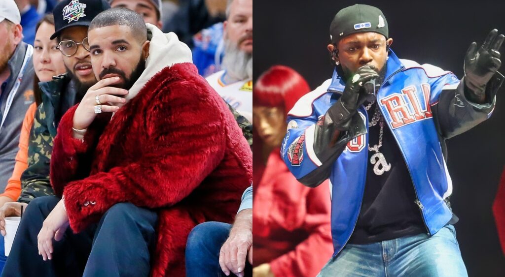 Photos of rappers Drake and Kendrick Lamar