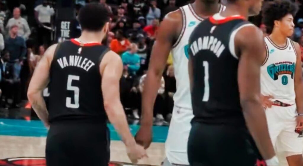 Fred VanVleet was caught humorously attempting to wipe sweat on Jaren Jackson’s hand