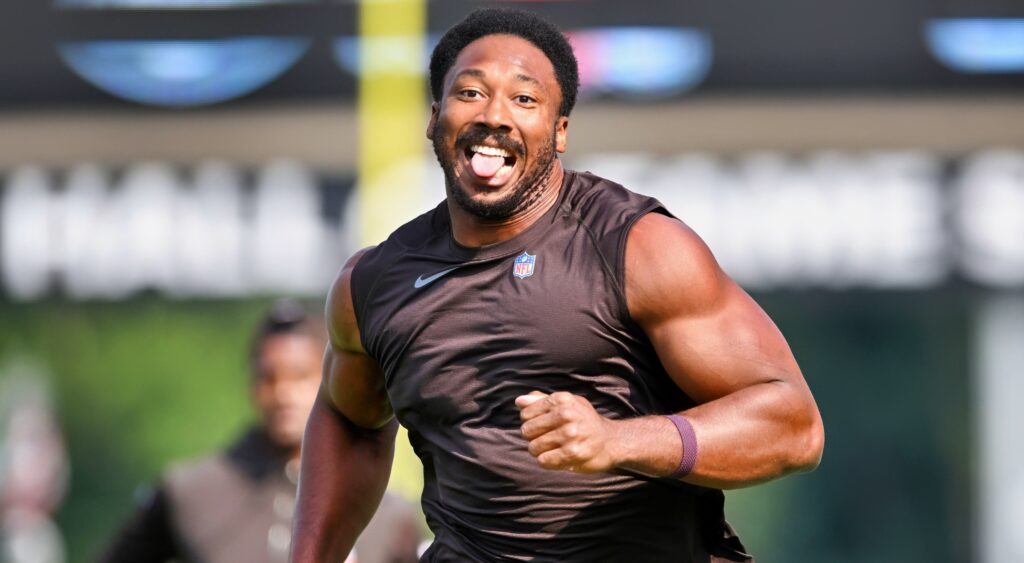 Myles Garrett with his tongue out