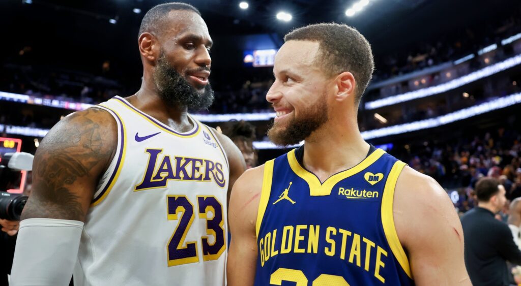 LeBron James and Stephen Curry talking after game.