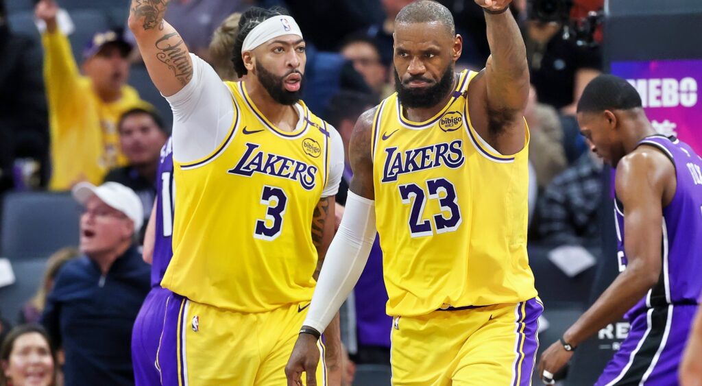 Anthony Davis and LeBron James in Lakers uniforms