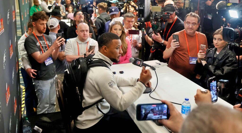 Reporters interviewing Saquon Barkley