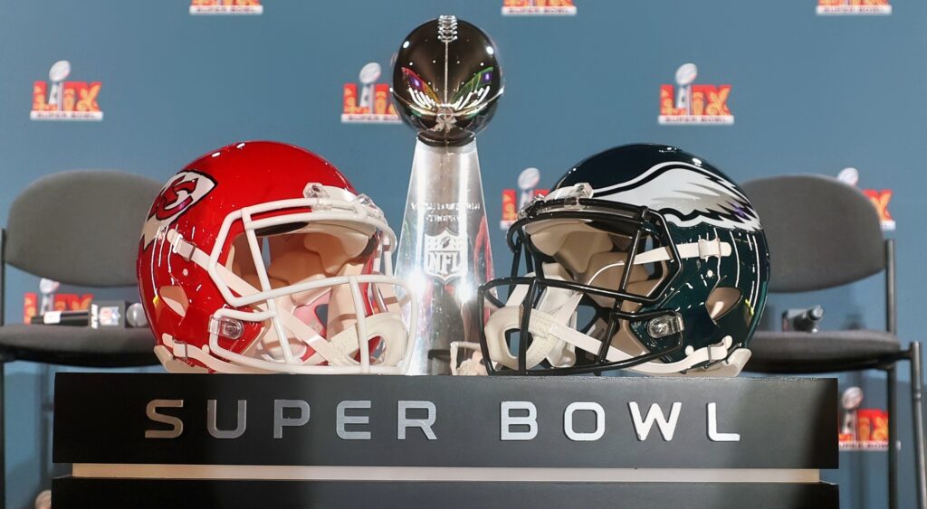 Kansas City Chiefs and Philadelphia Eagles helmets presented for Super Bowl 59.