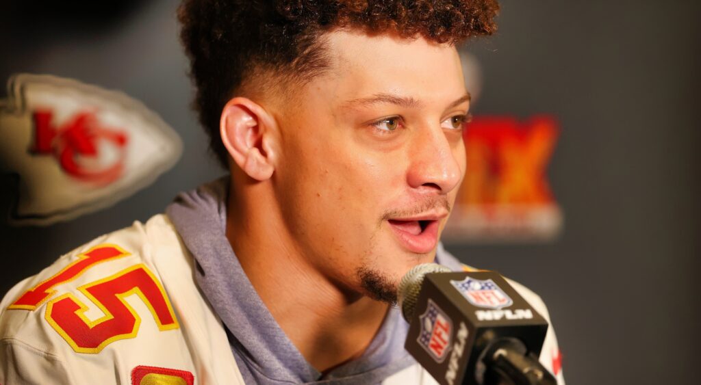 Patrick Mahomes speaking to reporters.