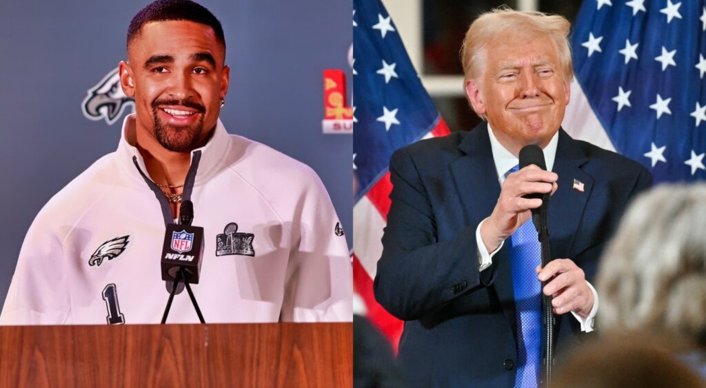 Photos of Jalen Hurts and Donald Trump speaking