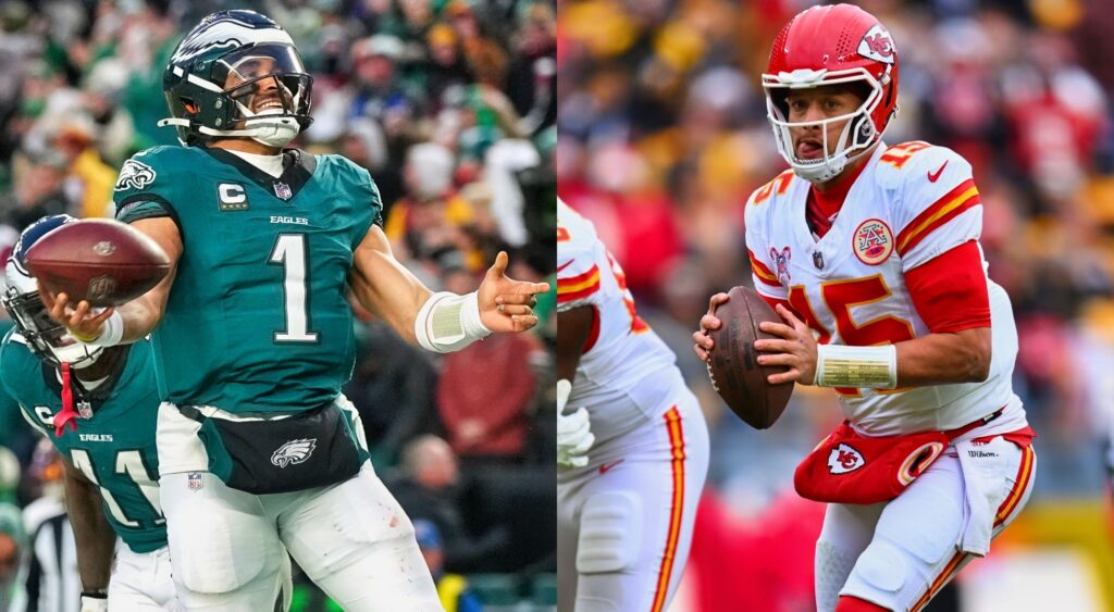 Photos of Jalen Hurts and Patrick Mahomes holding footballs for article on Super Bowl 59