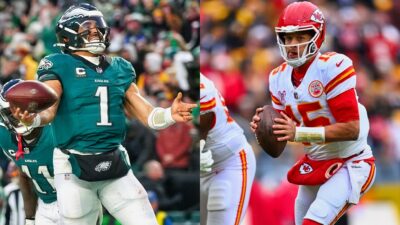 Photos of Jalen Hurts and Patrick Mahomes holding footballs for article on Super Bowl 59