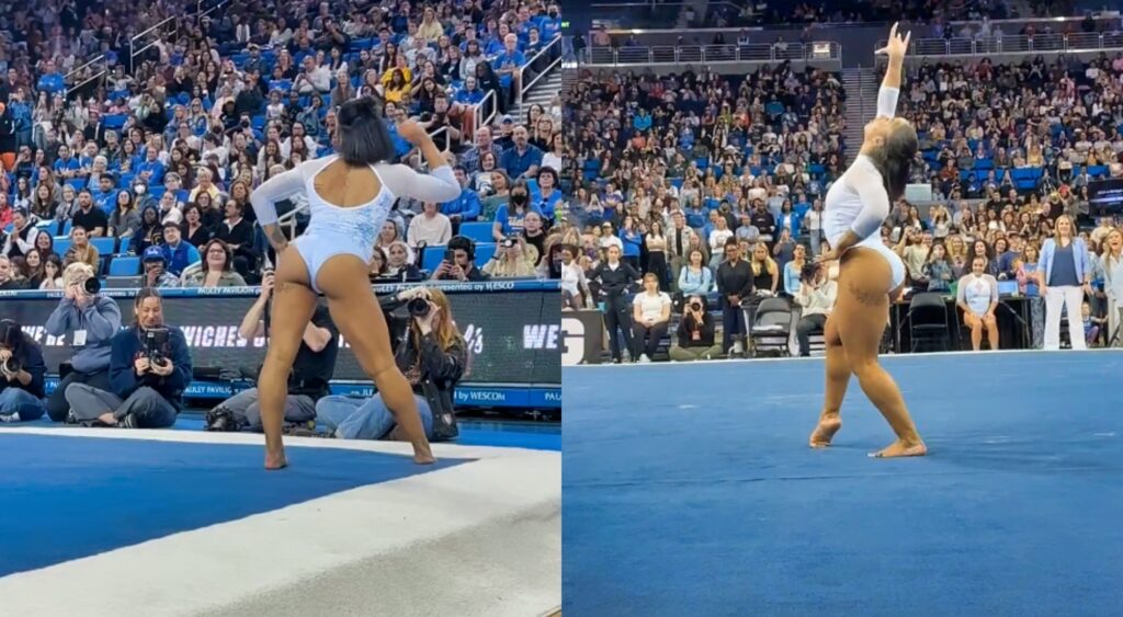 Photos of Jordan Chiles performing gymnastics routine