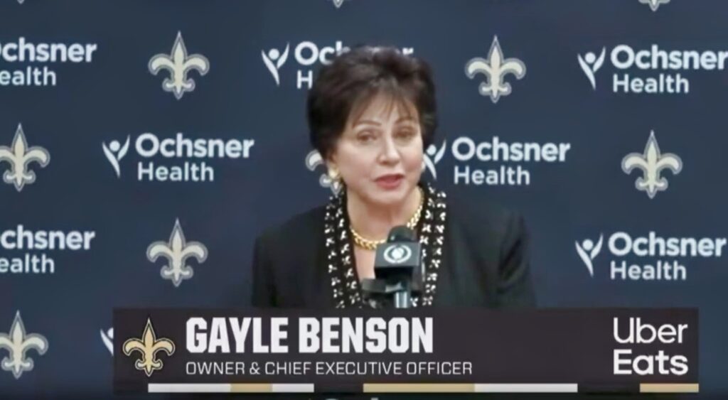 Gayle Benson introducing Kellen Moore