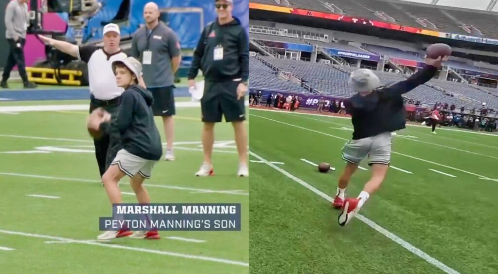 Marshall Manning throwing a football.