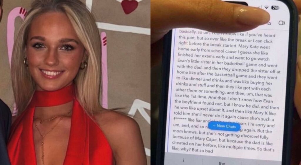 Mary Kate Cornett in red dress and picture of SnapChat message