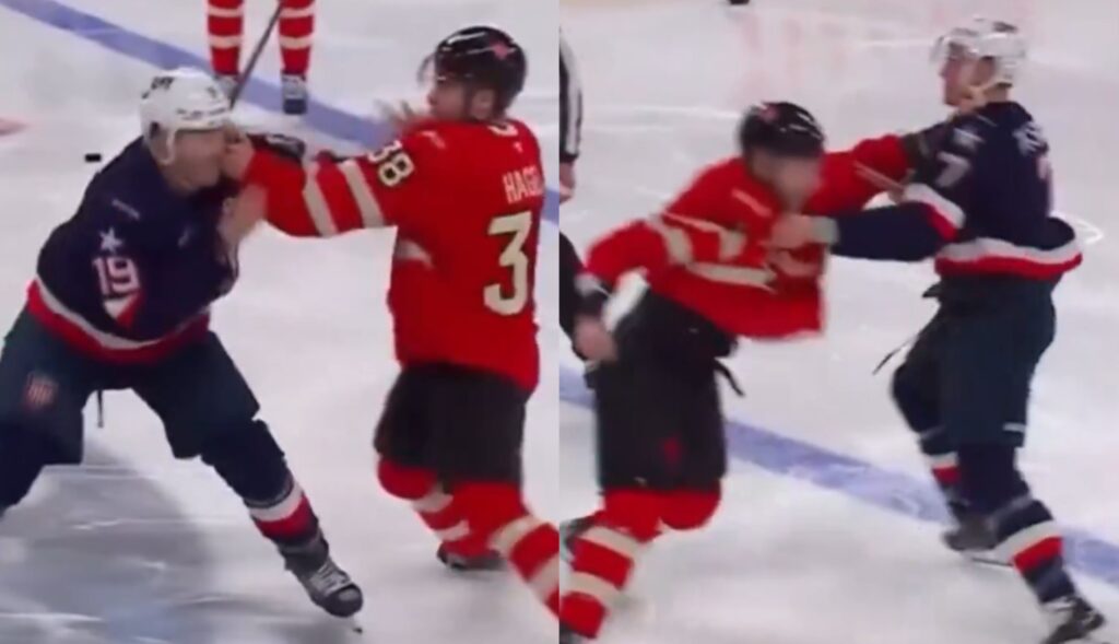 Matthew Tkachuk fighting Brandon Hagel (left). Sam Bennett and Brady Tkachuk fighting (right).