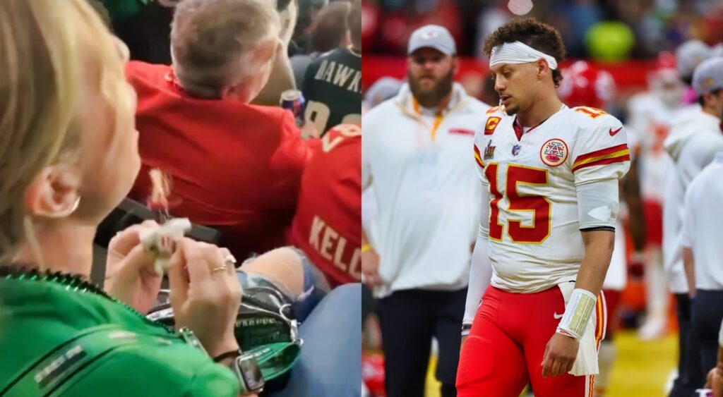 Patrick Mahomes in uniform and Eagles fan with voodoo doll