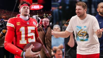 Photo of Patrick Mahomes holding football and photo of Luka Doncic laughing