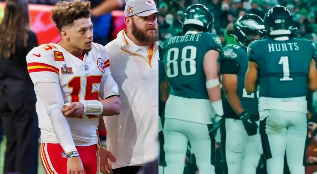 Photo of Patrick Mahomes after super Bowl loss and photo of Eagles players in uniform