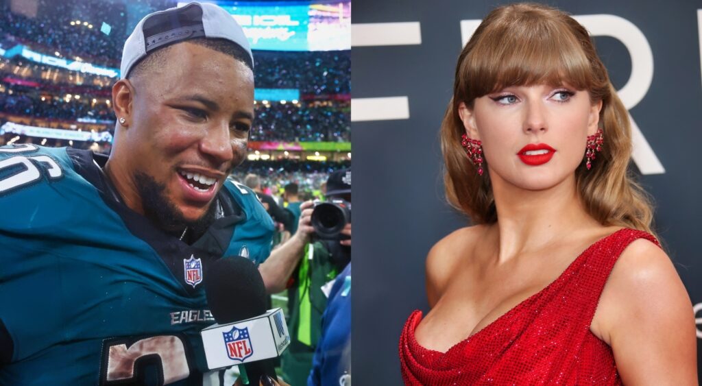 Photo of Saquon Barkley being interviewed and photo of Taylor Swift in red dress